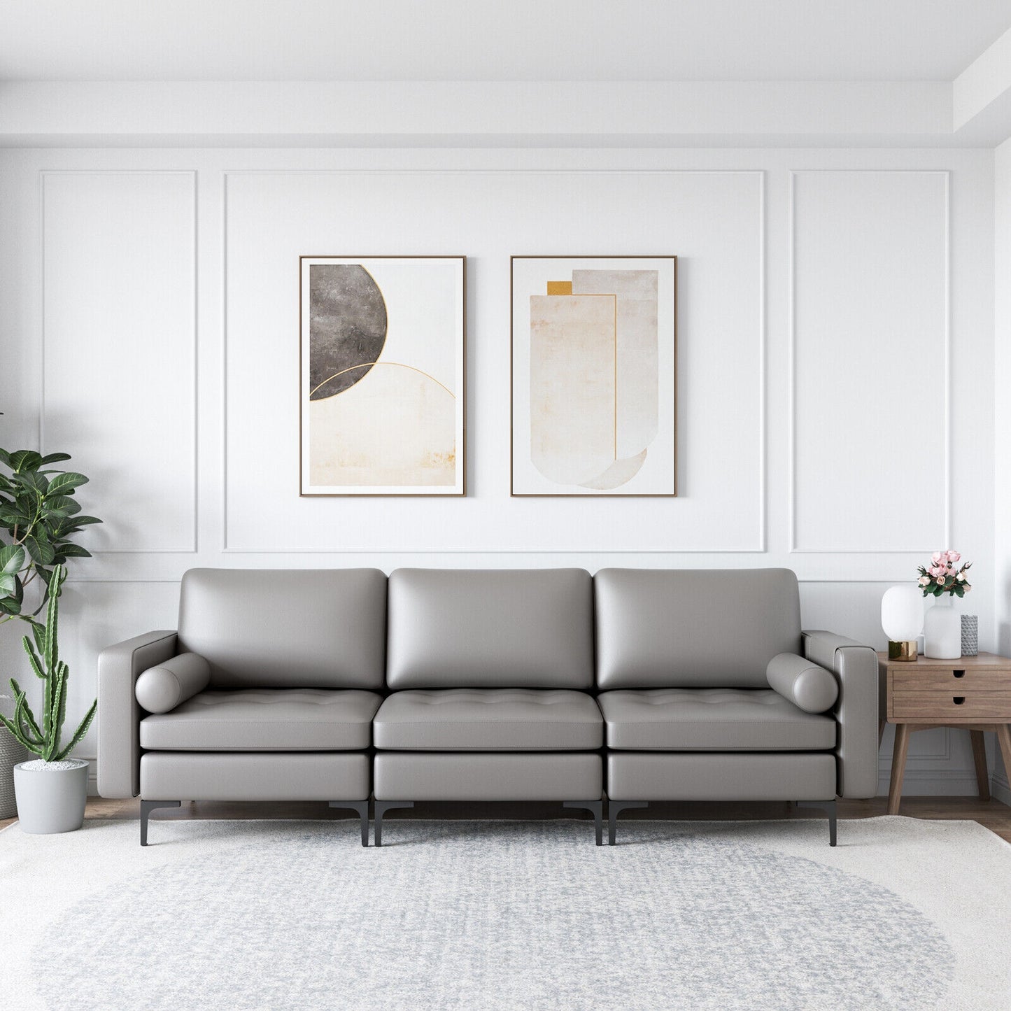Modular 3-Seat Sofa Couch with USB Ports, Power Outlet and Storage Pocket in Light Grey