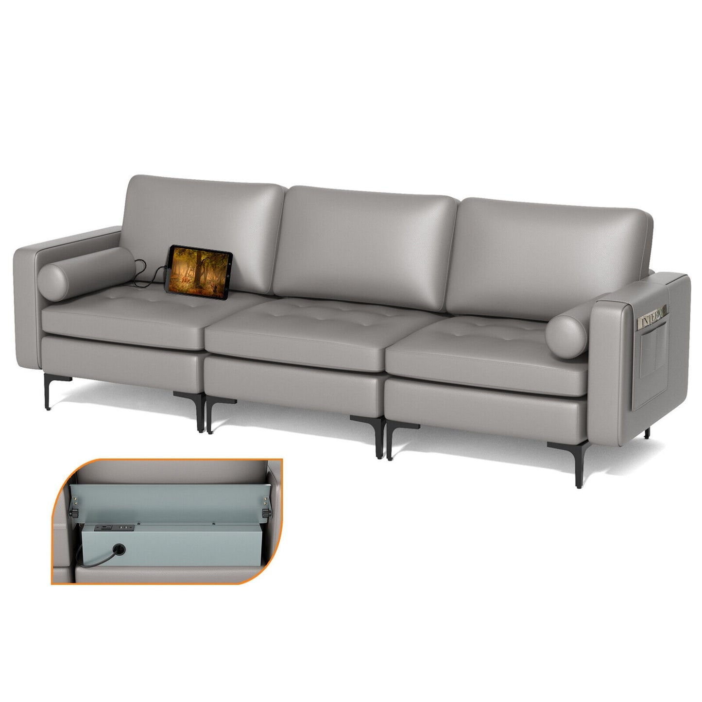 Modular 3-Seat Sofa Couch with USB Ports, Power Outlet and Storage Pocket in Light Grey