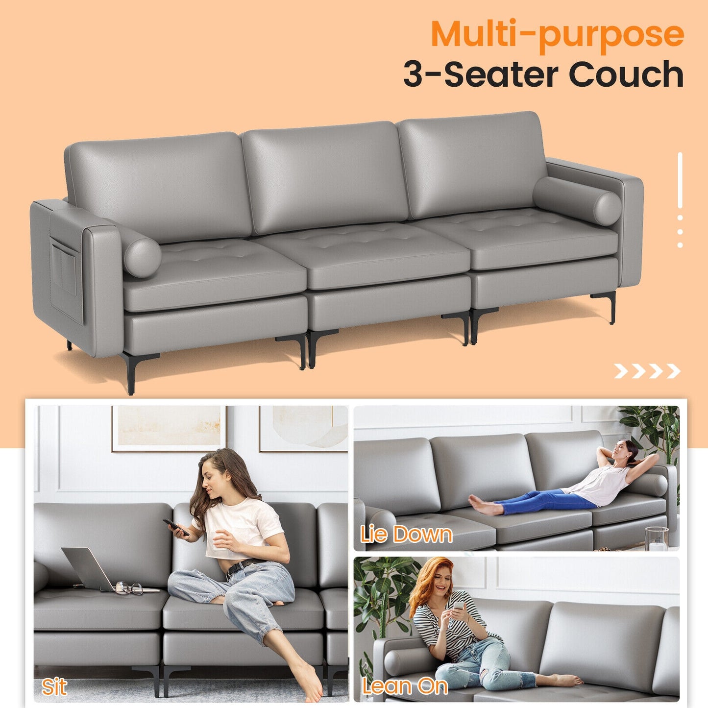 Modular 3-Seat Sofa Couch with USB Ports, Power Outlet and Storage Pocket in Light Grey
