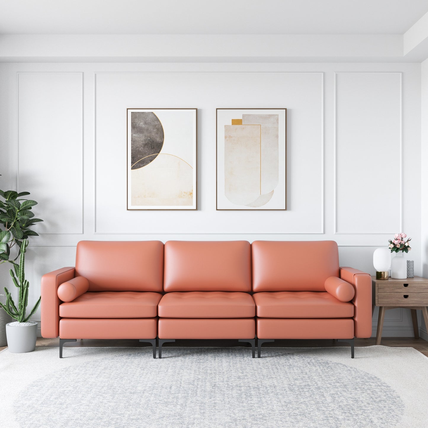 Modular 3-Seat Sofa Couch with USB Ports, Power Outlet and Storage Pocket in Pink