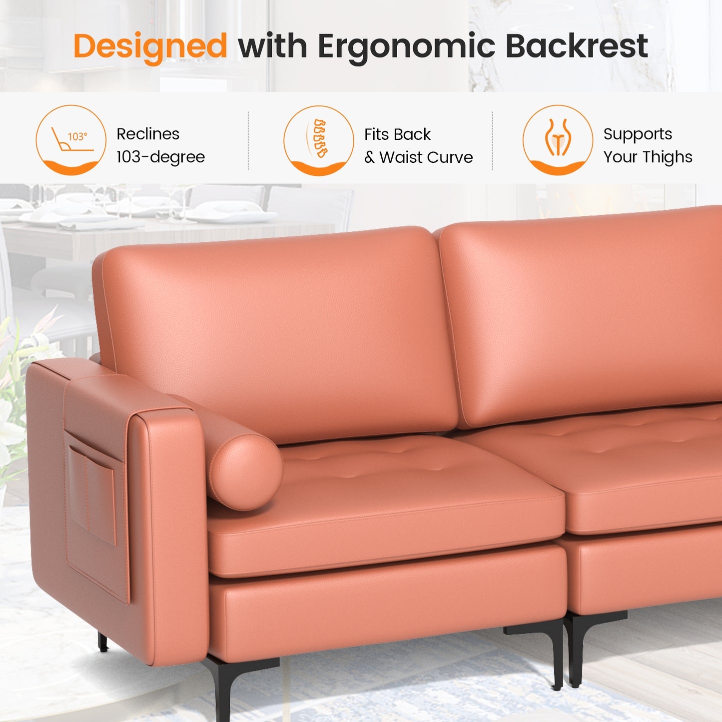 Modular 3-Seat Sofa Couch with USB Ports, Power Outlet and Storage Pocket in Pink