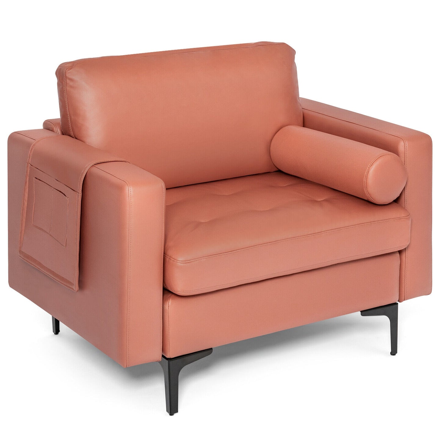 Contemporary Upholstered Accent Chair with Removable Bolster Pillow and Side Storage Pocket in Pink