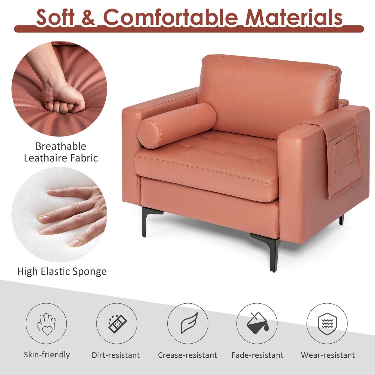 Contemporary Upholstered Accent Chair with Removable Bolster Pillow and Side Storage Pocket in Pink