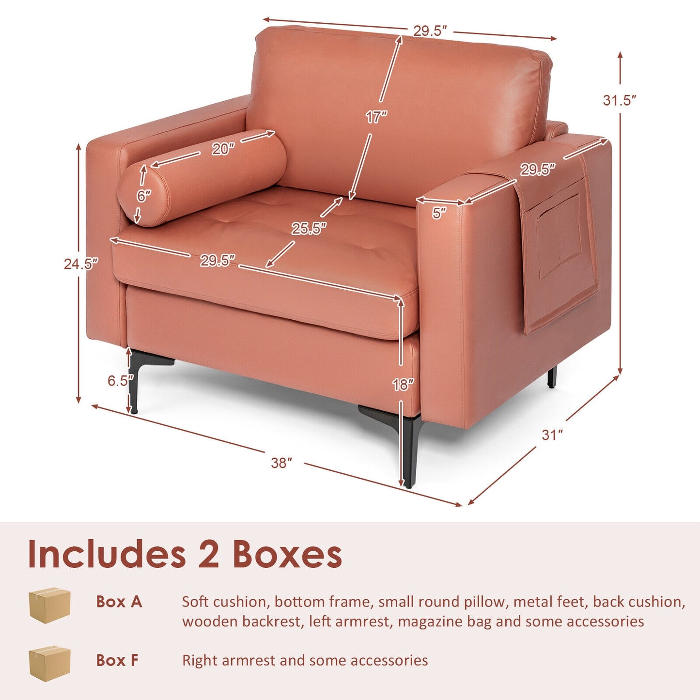 Contemporary Upholstered Accent Chair with Removable Bolster Pillow and Side Storage Pocket in Pink
