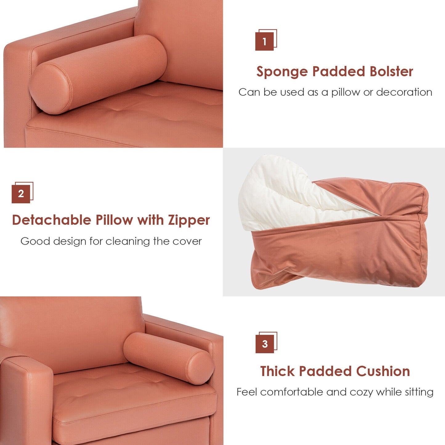 Contemporary Upholstered Accent Chair with Removable Bolster Pillow and Side Storage Pocket in Pink