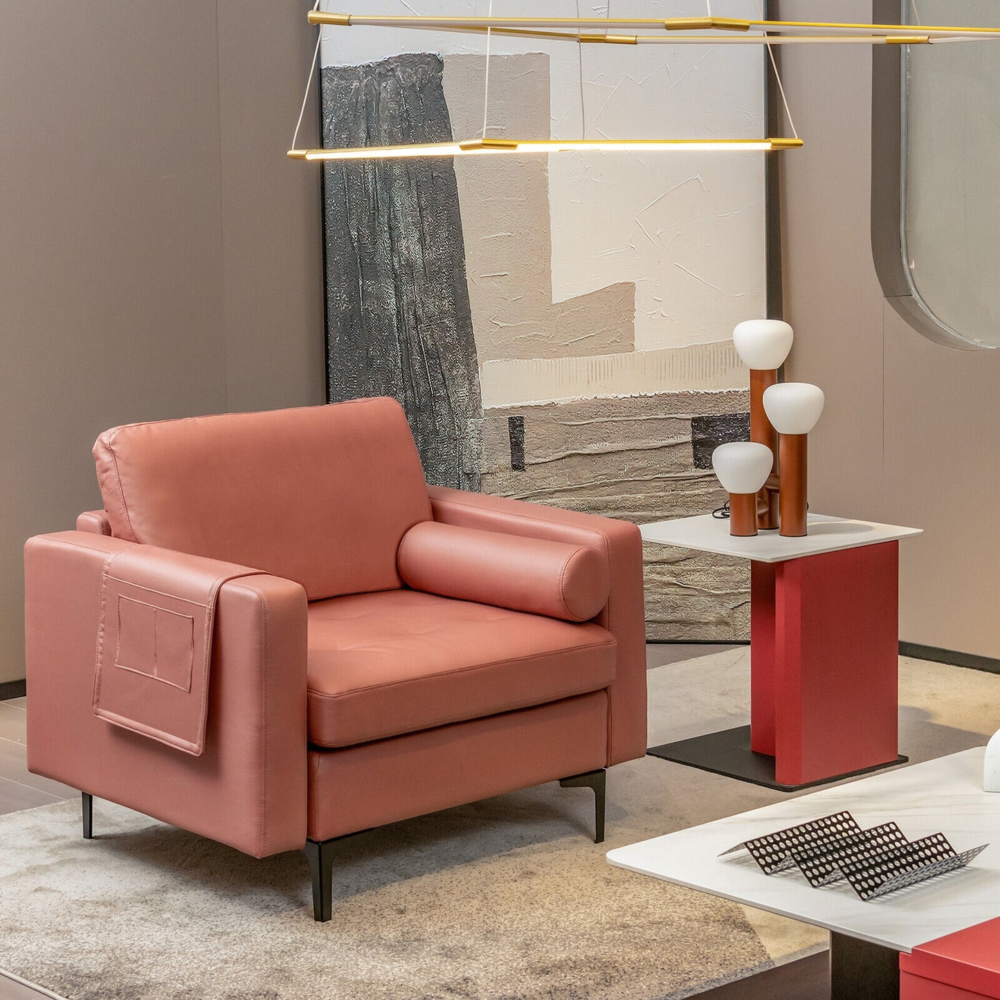 Contemporary Upholstered Accent Chair with Removable Bolster Pillow and Side Storage Pocket in Pink