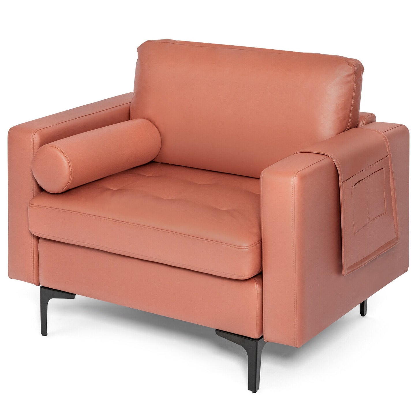 Contemporary Upholstered Accent Chair with Removable Bolster Pillow and Side Storage Pocket in Pink