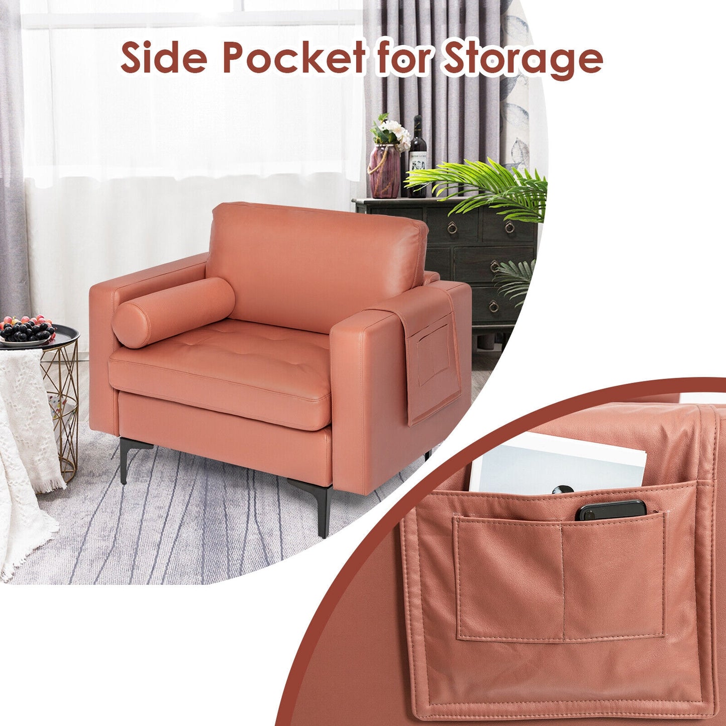 Contemporary Upholstered Accent Chair with Removable Bolster Pillow and Side Storage Pocket in Pink