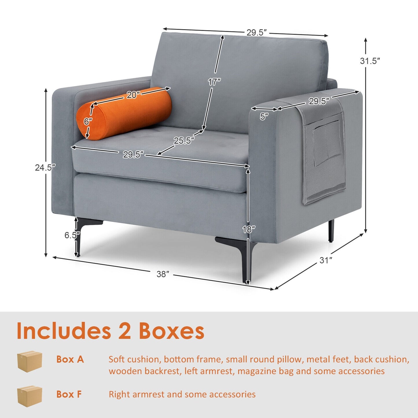 Contemporary Upholstered Accent Chair with Removable Bolster Pillow and Side Storage Pocket in Grey