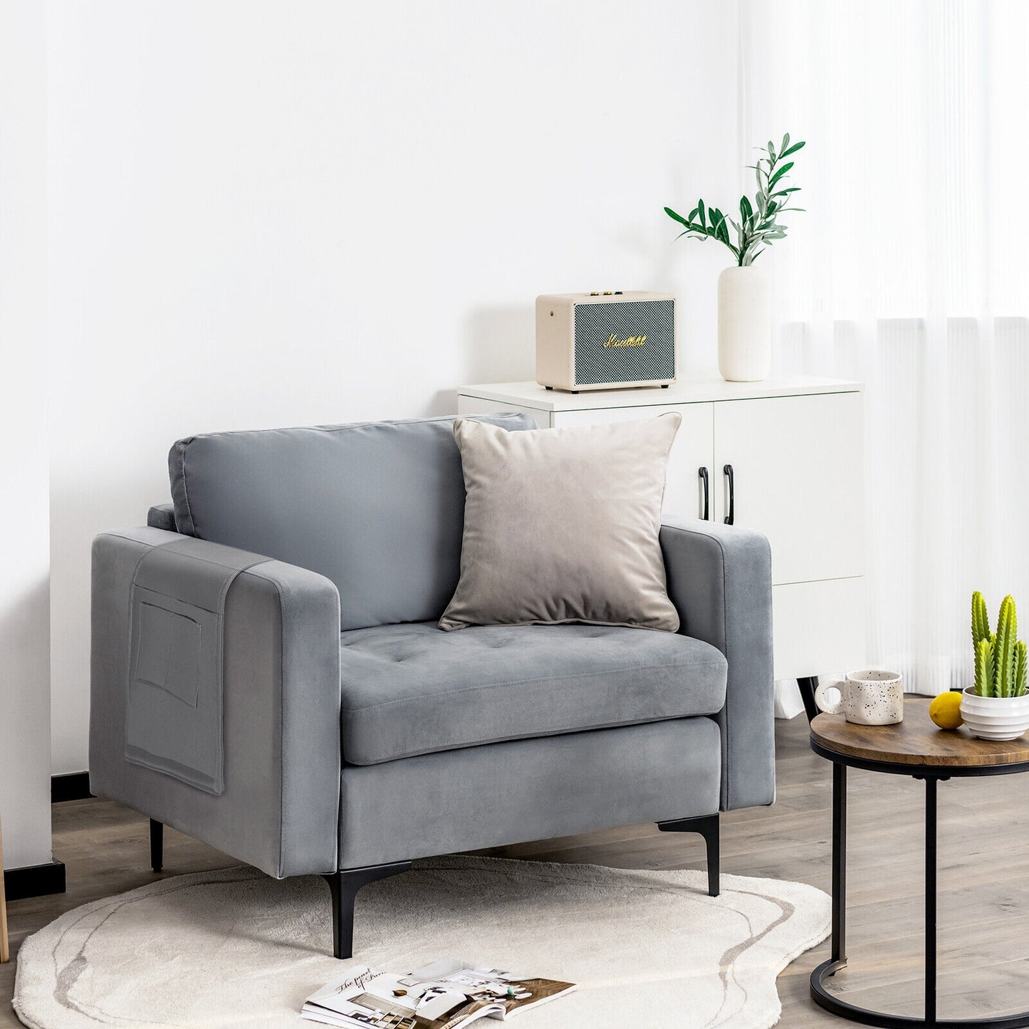 Contemporary Upholstered Accent Chair with Removable Bolster Pillow and Side Storage Pocket in Grey