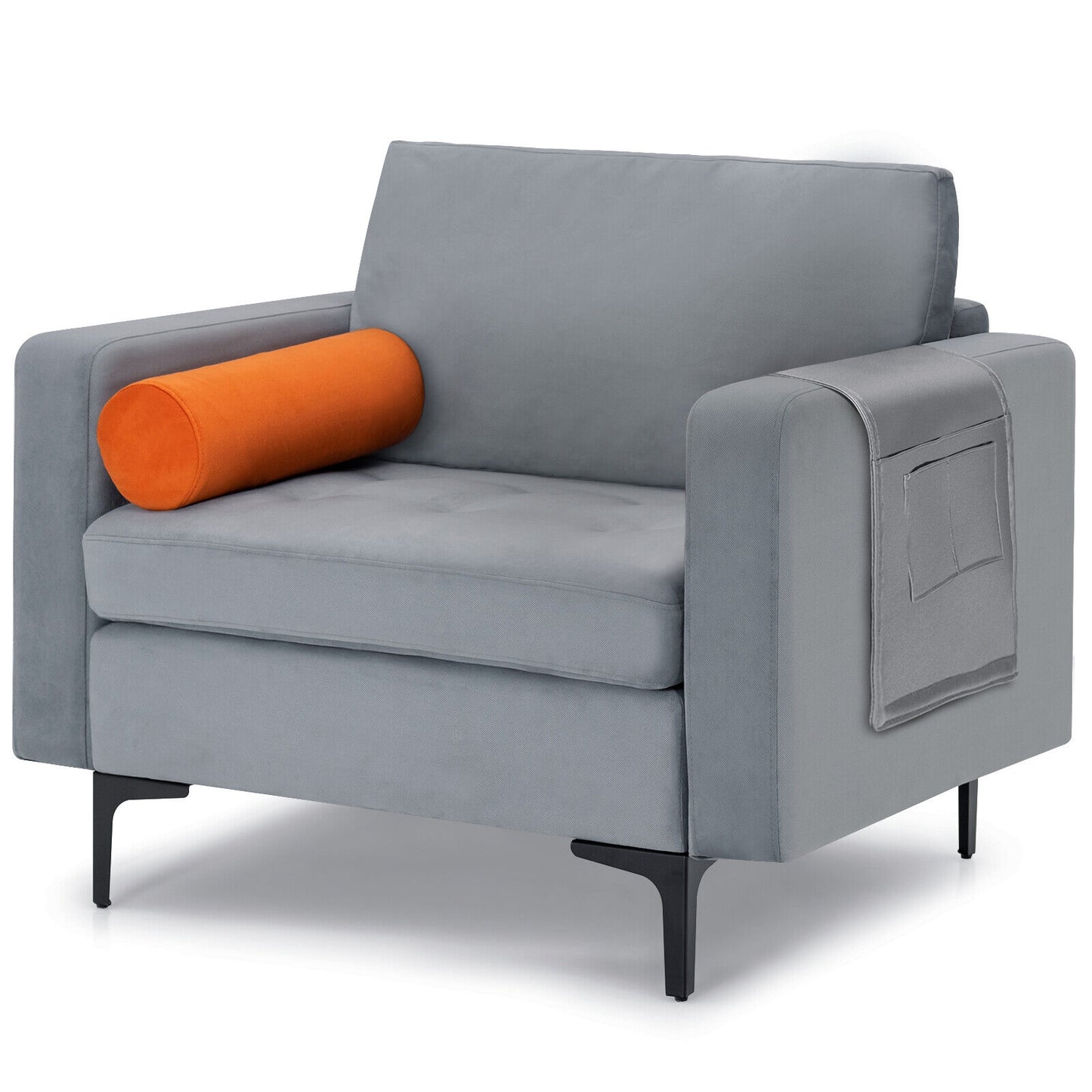 Contemporary Upholstered Accent Chair with Removable Bolster Pillow and Side Storage Pocket in Grey