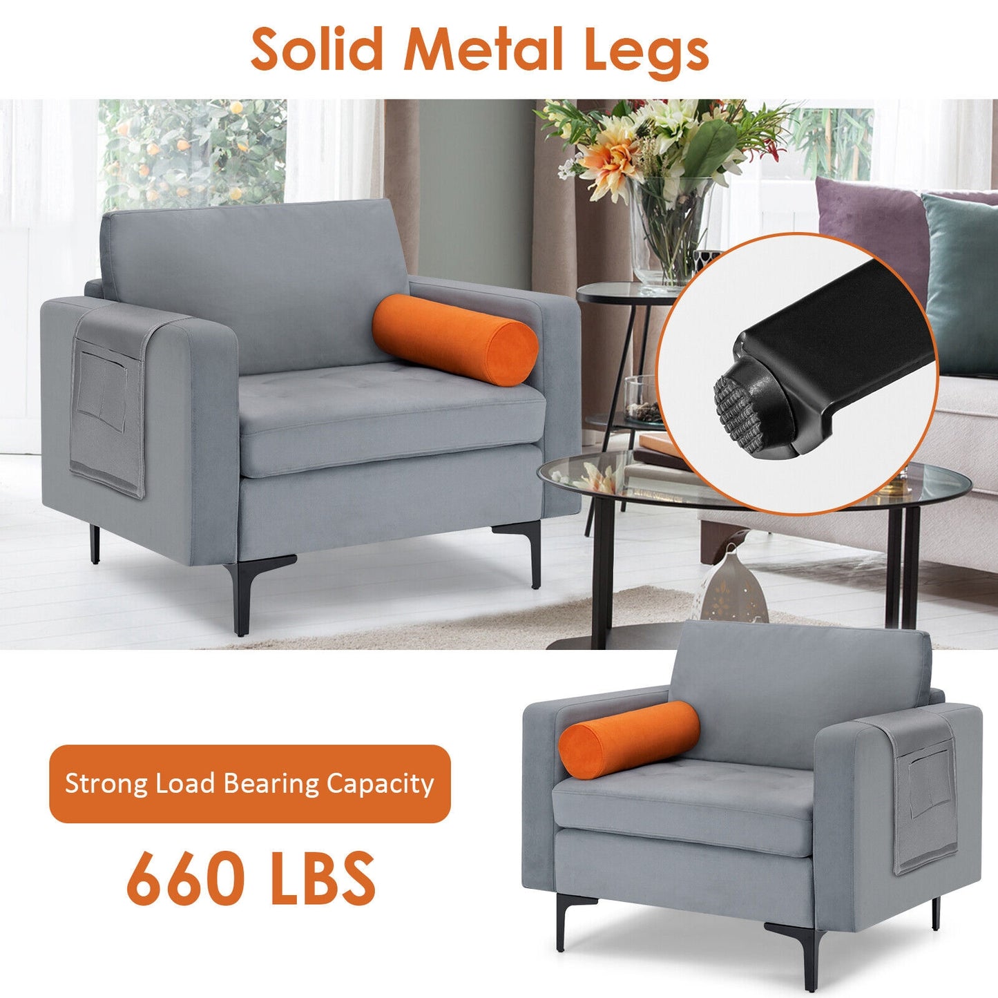 Contemporary Upholstered Accent Chair with Removable Bolster Pillow and Side Storage Pocket in Grey