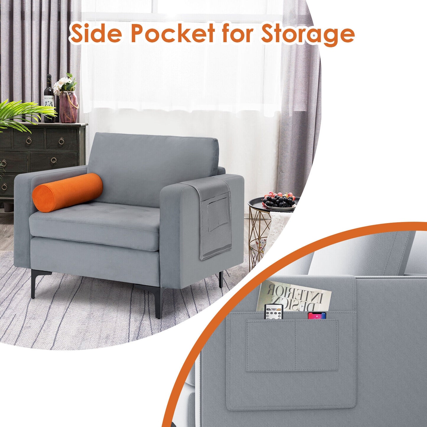 Contemporary Upholstered Accent Chair with Removable Bolster Pillow and Side Storage Pocket in Grey