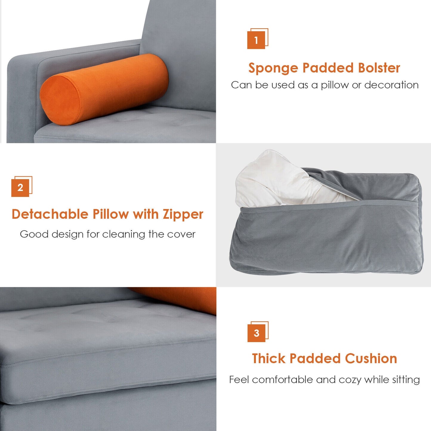 Contemporary Upholstered Accent Chair with Removable Bolster Pillow and Side Storage Pocket in Grey