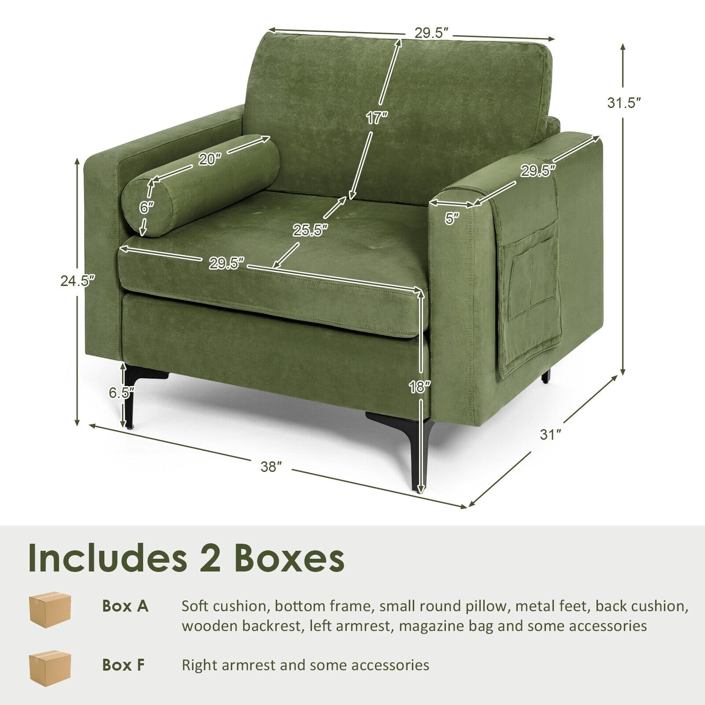 Contemporary Upholstered Accent Chair with Removable Bolster Pillow and Side Storage Pocket in Army Green