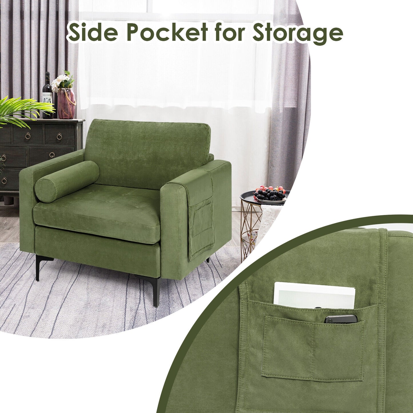 Contemporary Upholstered Accent Chair with Removable Bolster Pillow and Side Storage Pocket in Army Green