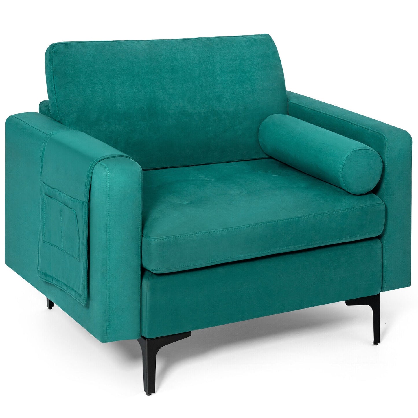 Contemporary Upholstered Accent Chair with Removable Bolster Pillow and Side Storage Pocket in Turquoise