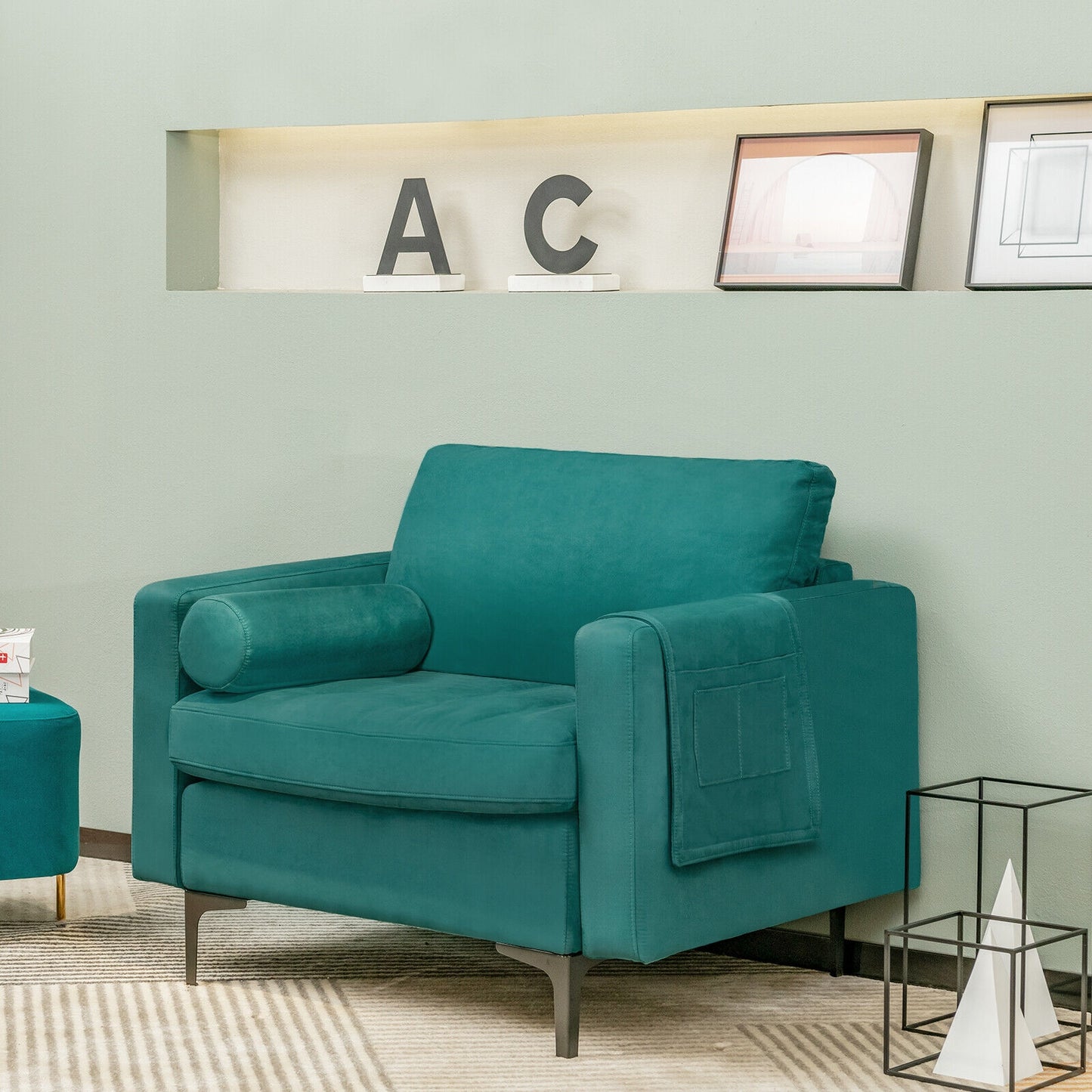 Contemporary Upholstered Accent Chair with Removable Bolster Pillow and Side Storage Pocket in Turquoise