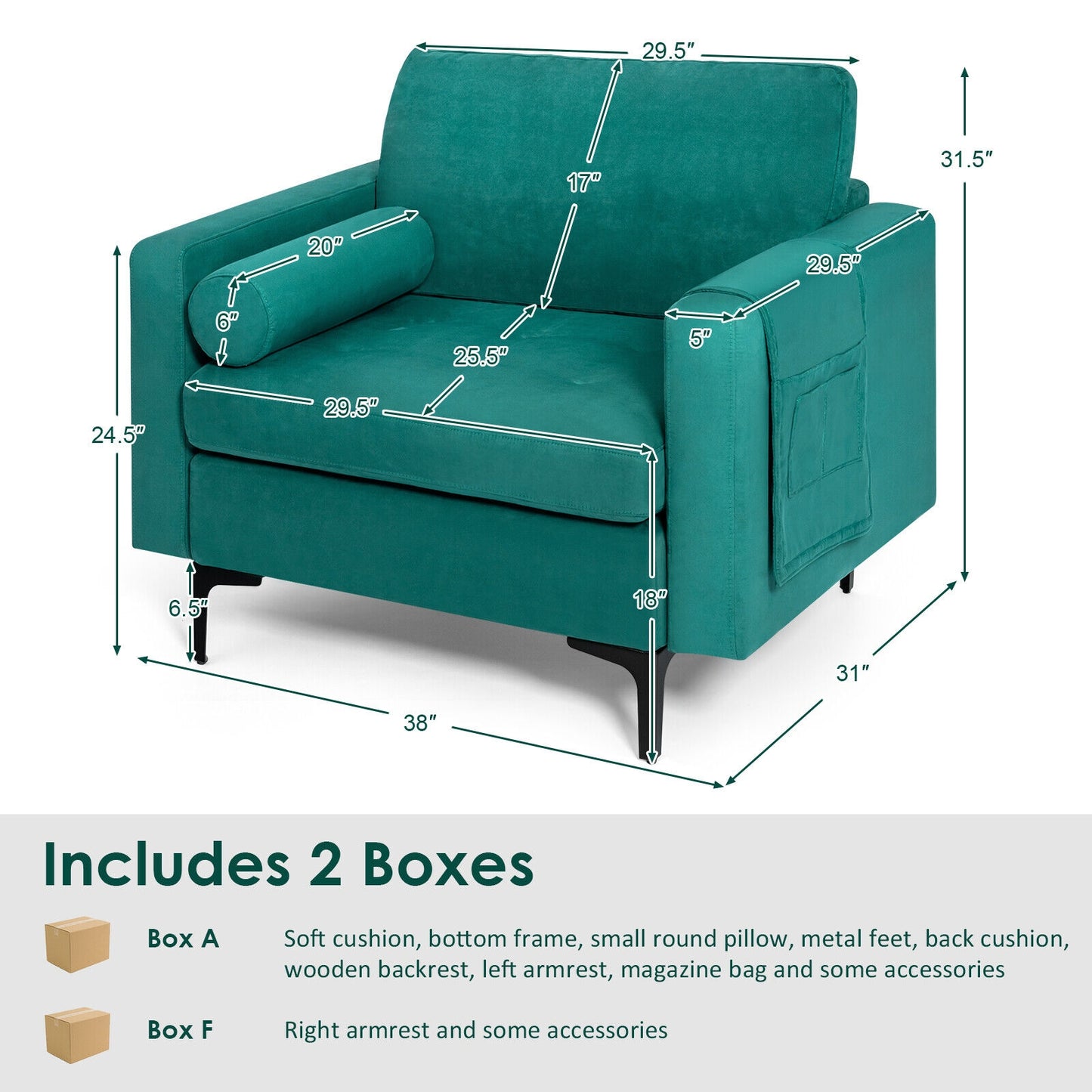 Contemporary Upholstered Accent Chair with Removable Bolster Pillow and Side Storage Pocket in Turquoise