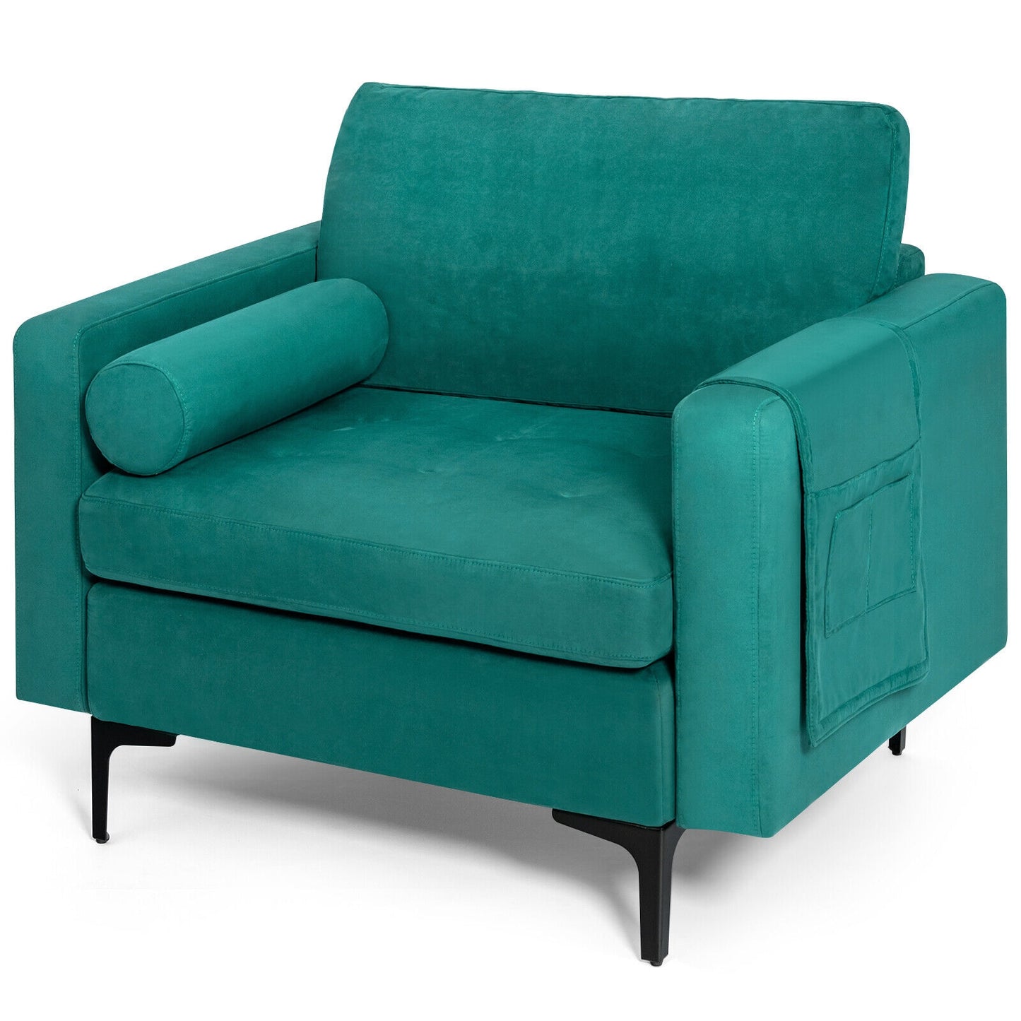 Contemporary Upholstered Accent Chair with Removable Bolster Pillow and Side Storage Pocket in Turquoise