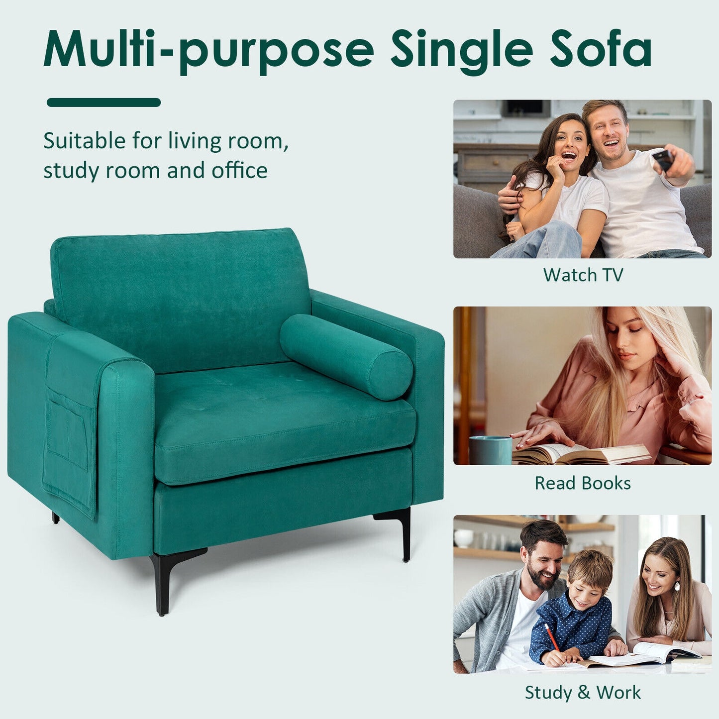 Contemporary Upholstered Accent Chair with Removable Bolster Pillow and Side Storage Pocket in Turquoise