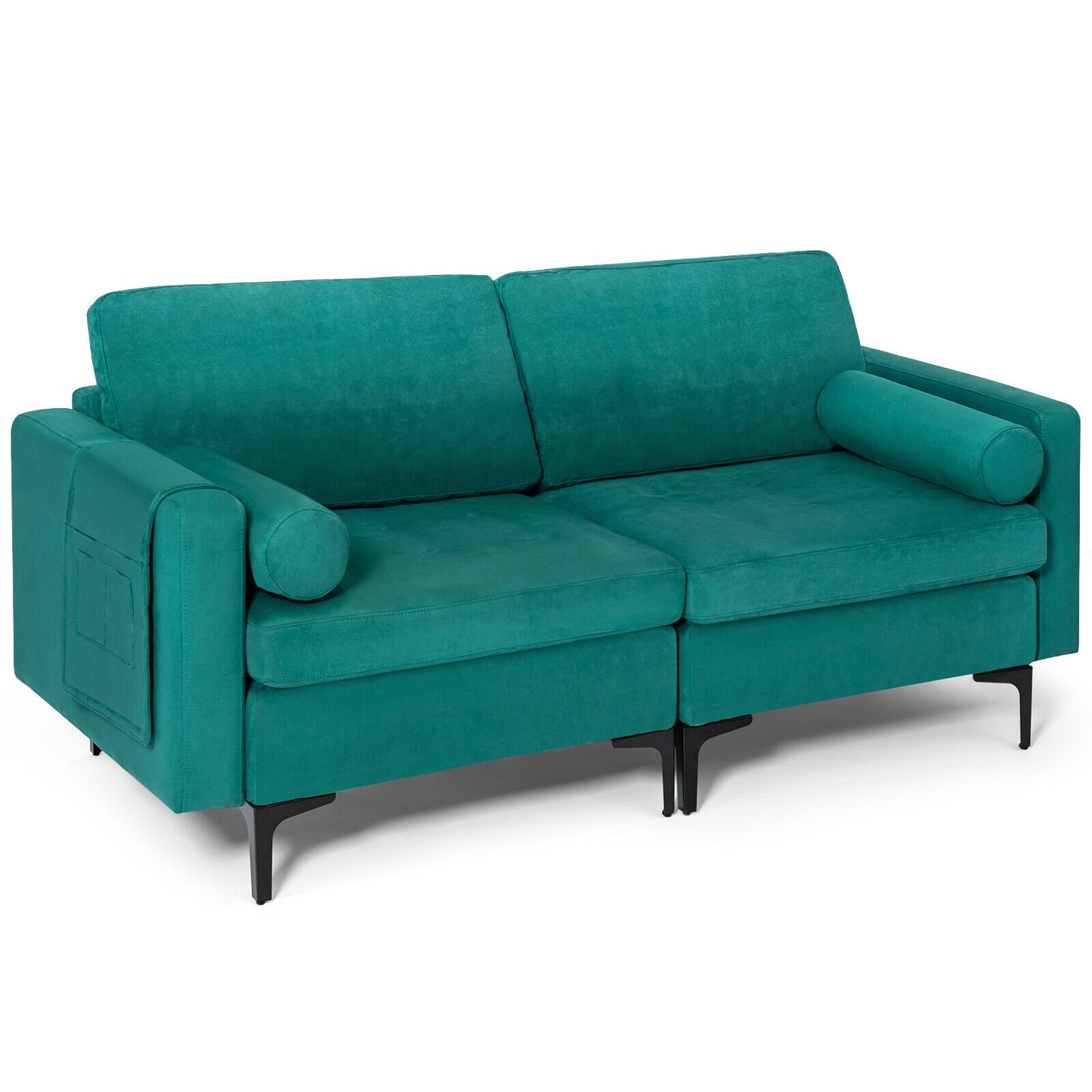 Modern 2-Seat Loveseat Sofa with Bolsters and Side Storage Pocket in Teal