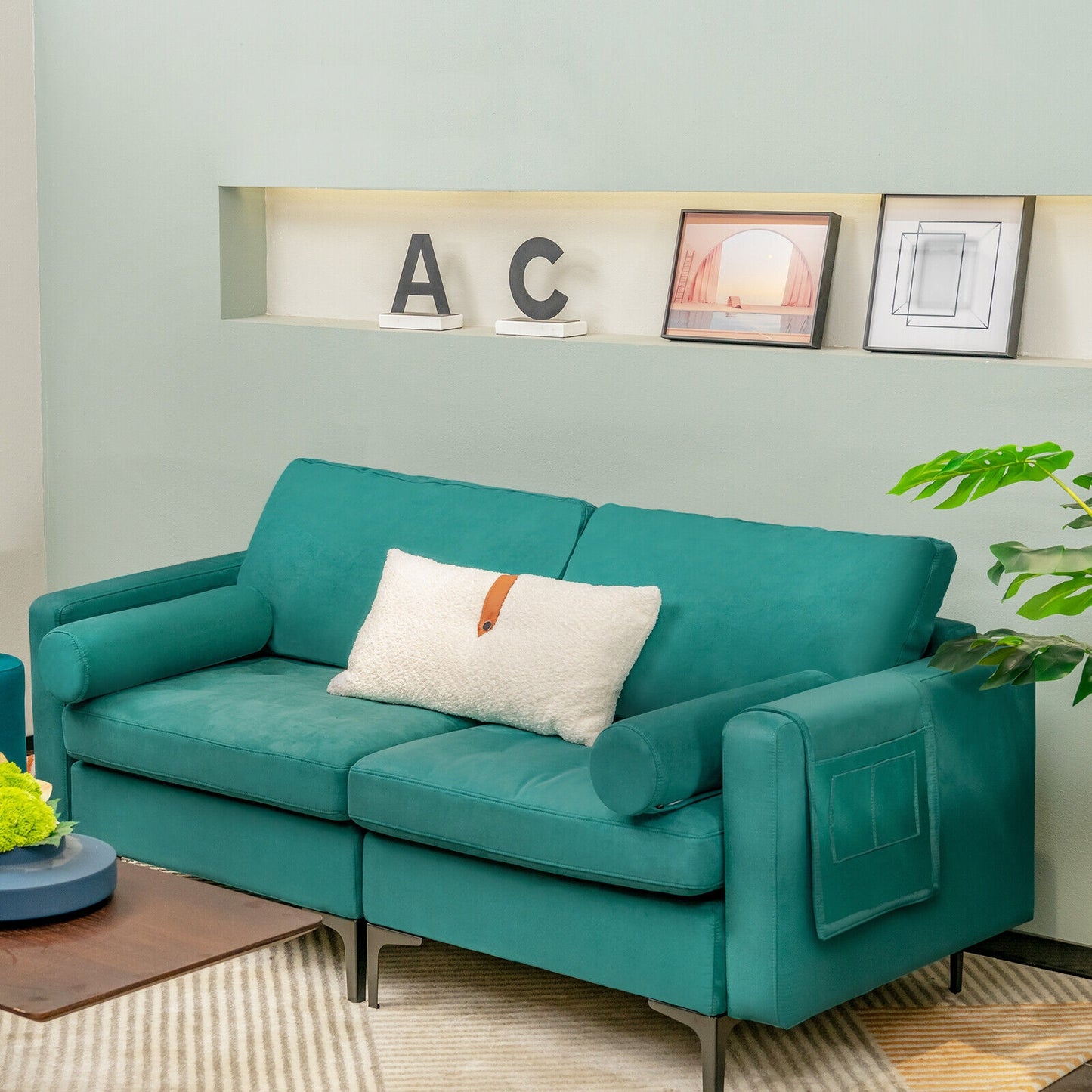 Modern 2-Seat Loveseat Sofa with Bolsters and Side Storage Pocket in Teal