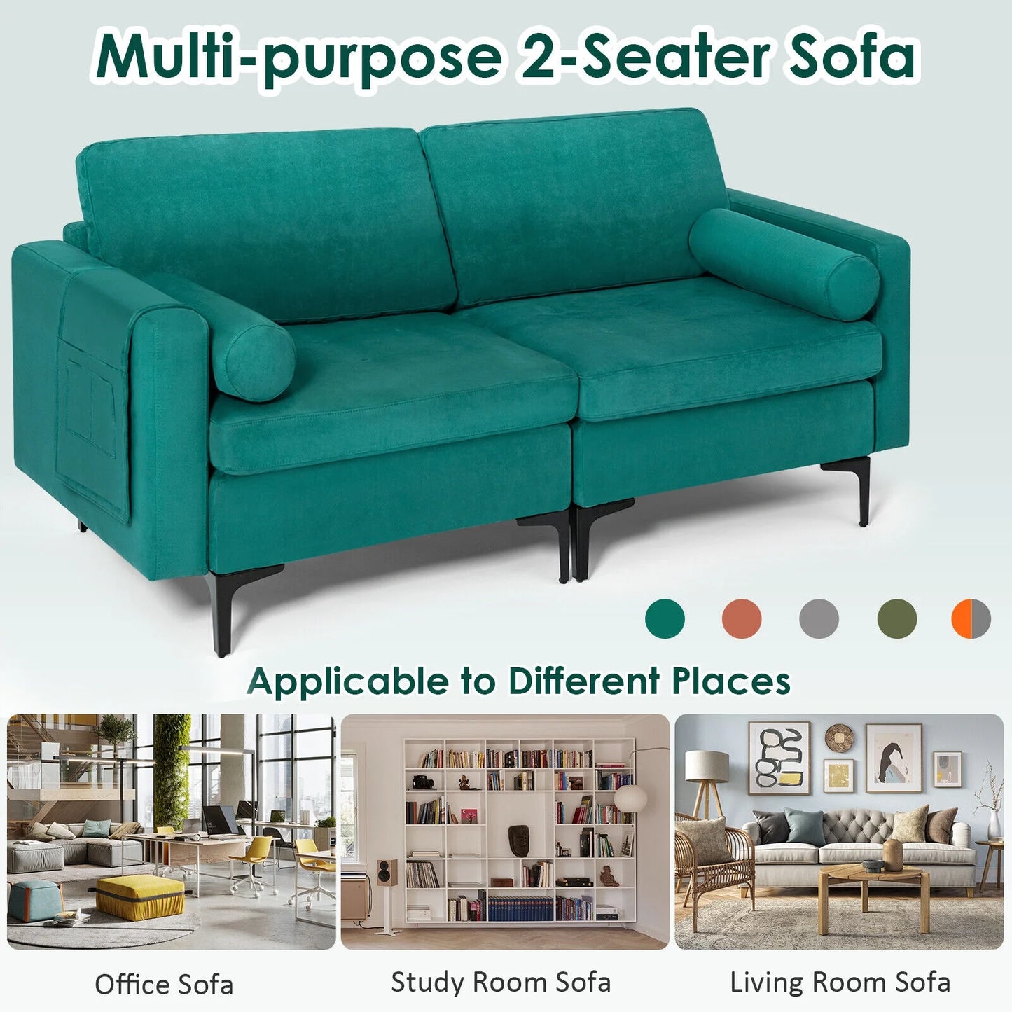 Modern 2-Seat Loveseat Sofa with Bolsters and Side Storage Pocket in Teal