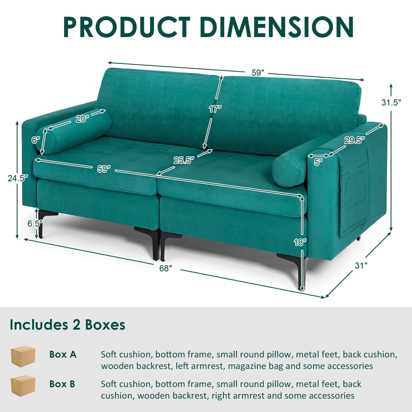 Modern 2-Seat Loveseat Sofa with Bolsters and Side Storage Pocket in Teal