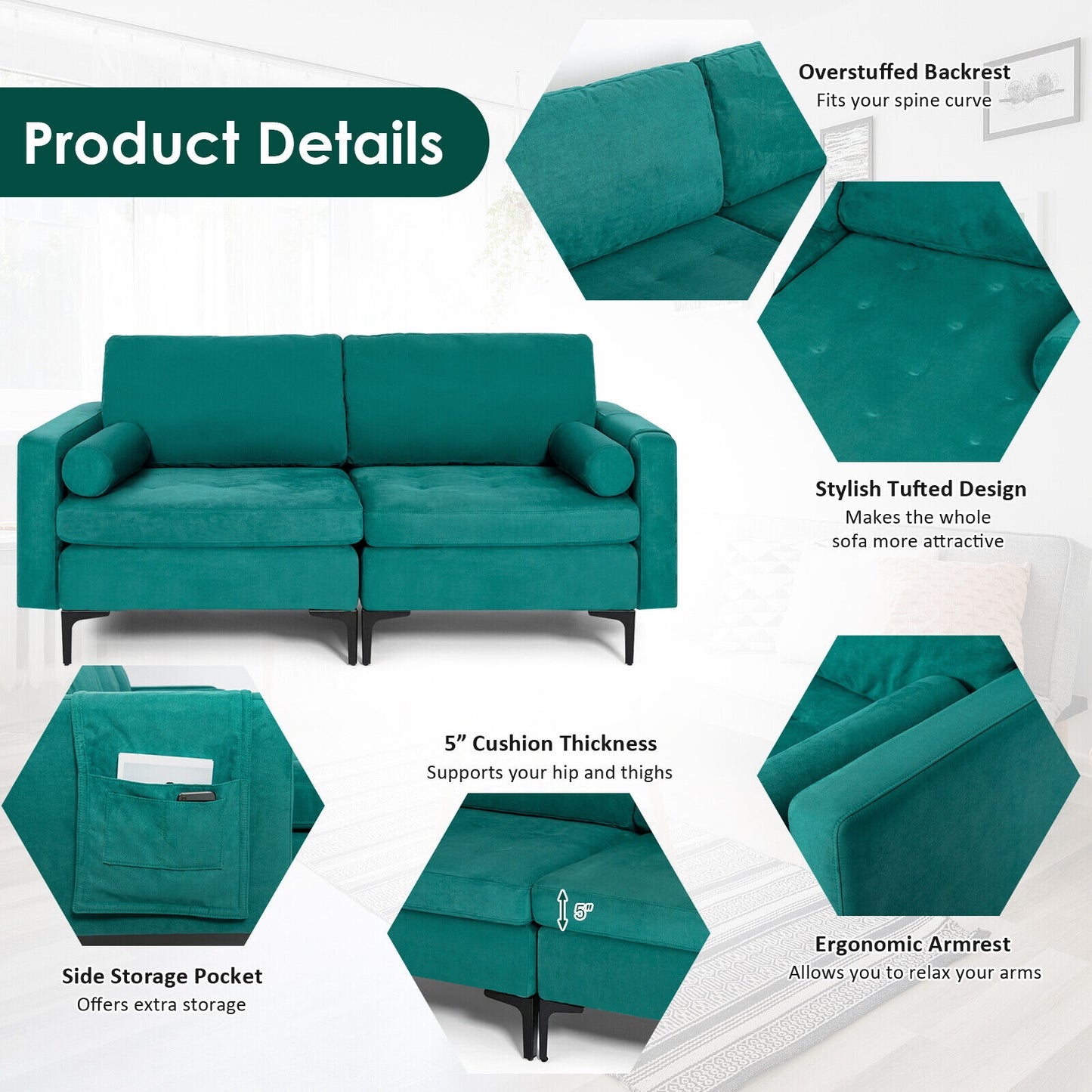 Modern 2-Seat Loveseat Sofa with Bolsters and Side Storage Pocket in Teal
