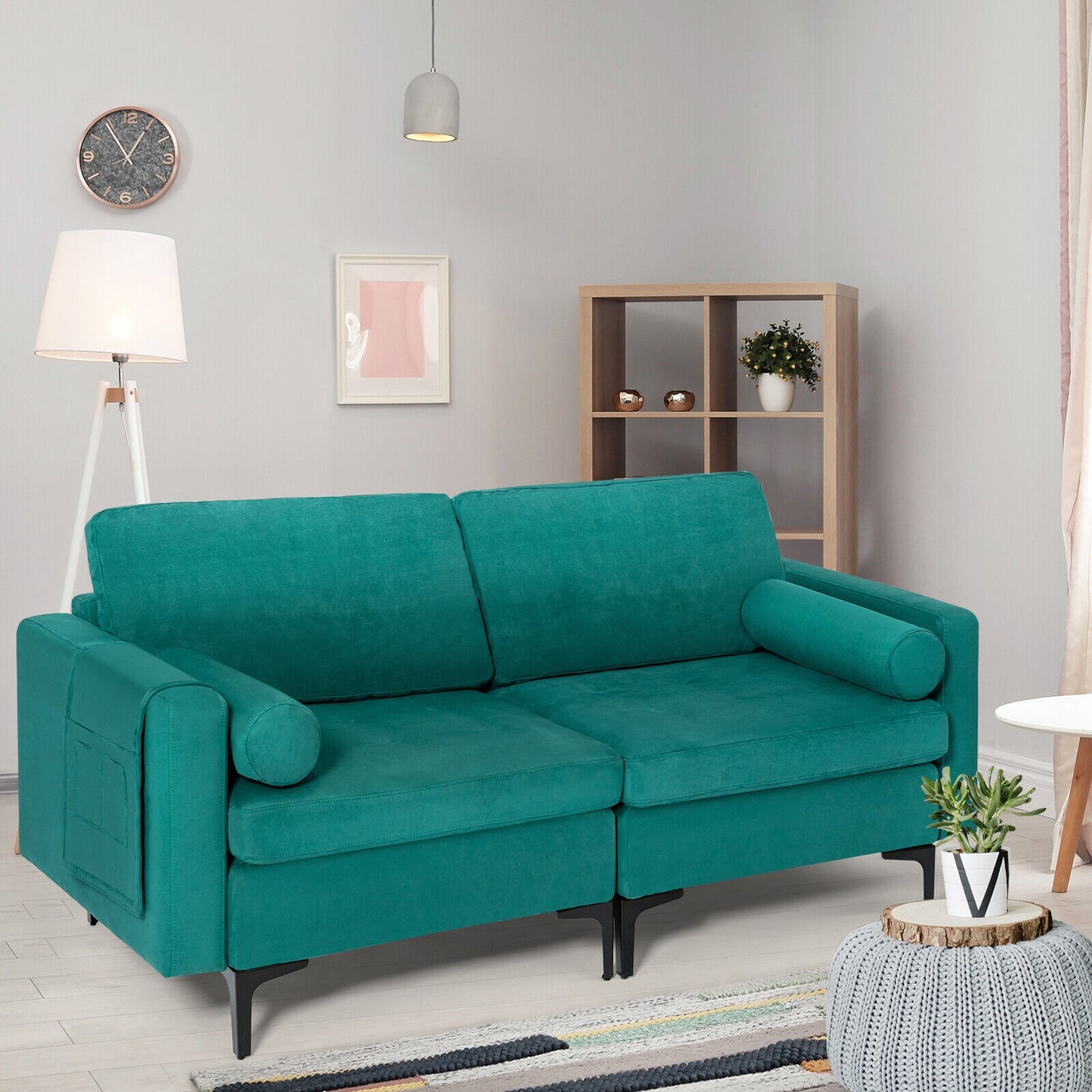 Modern 2-Seat Loveseat Sofa with Bolsters and Side Storage Pocket in Teal