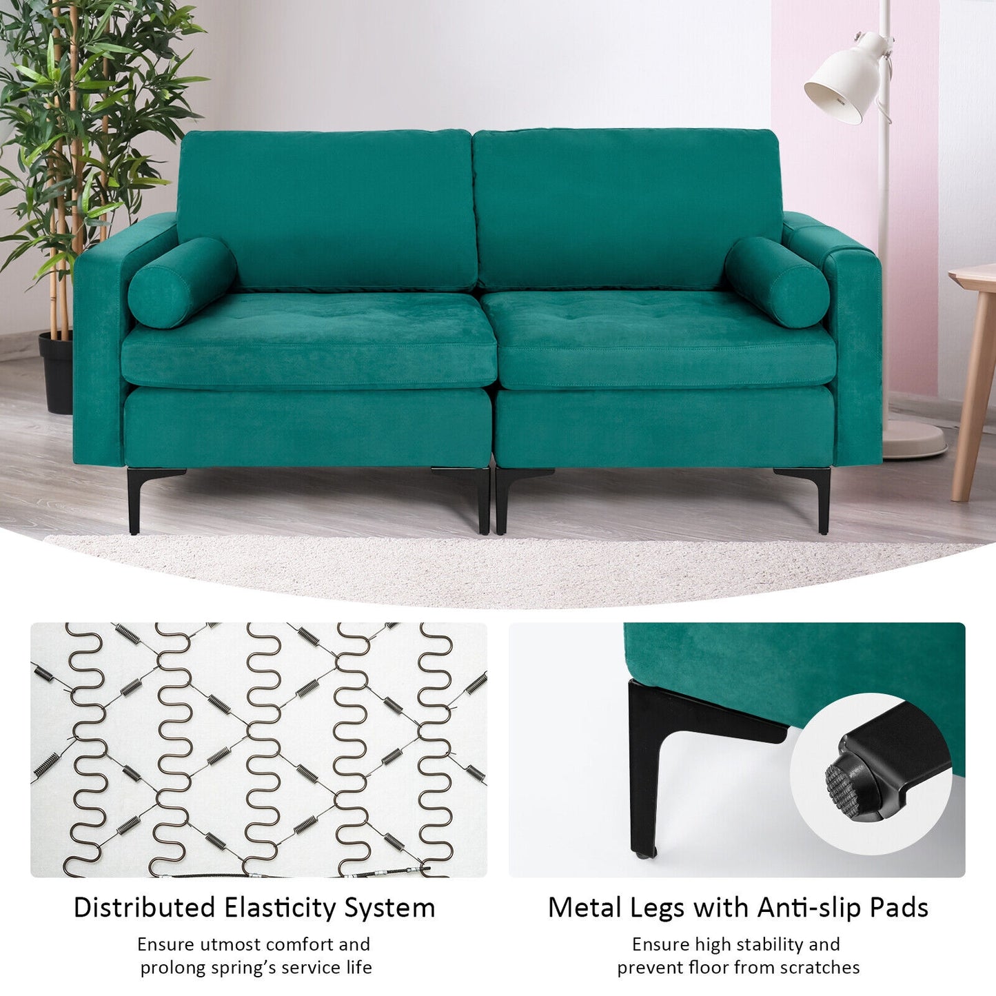 Modern 2-Seat Loveseat Sofa with Bolsters and Side Storage Pocket in Teal