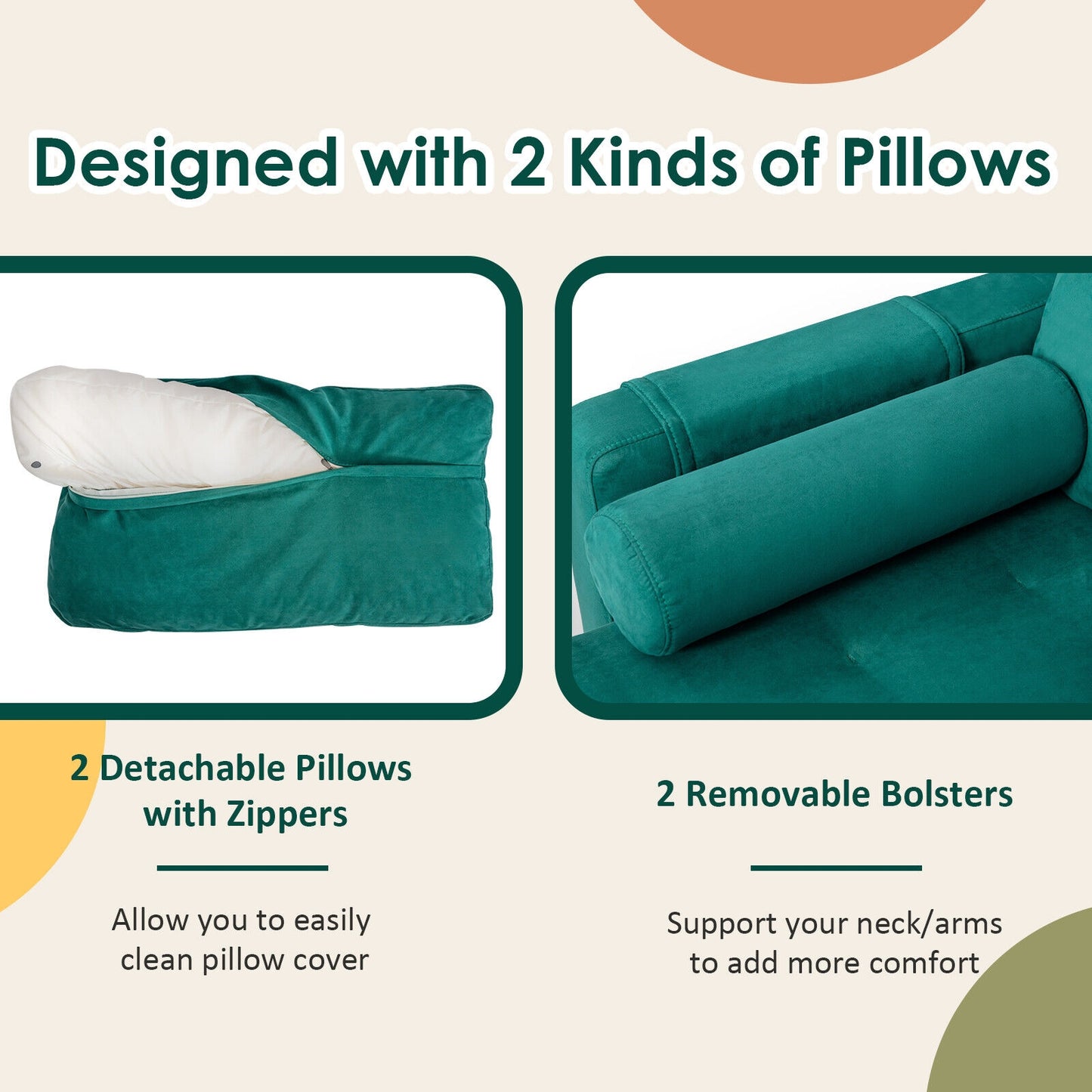 Modern 2-Seat Loveseat Sofa with Bolsters and Side Storage Pocket in Teal