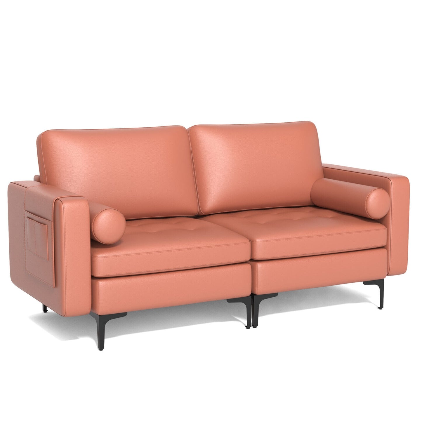 Modern 2-Seat Loveseat Sofa with Bolsters and Side Storage Pocket in Pink