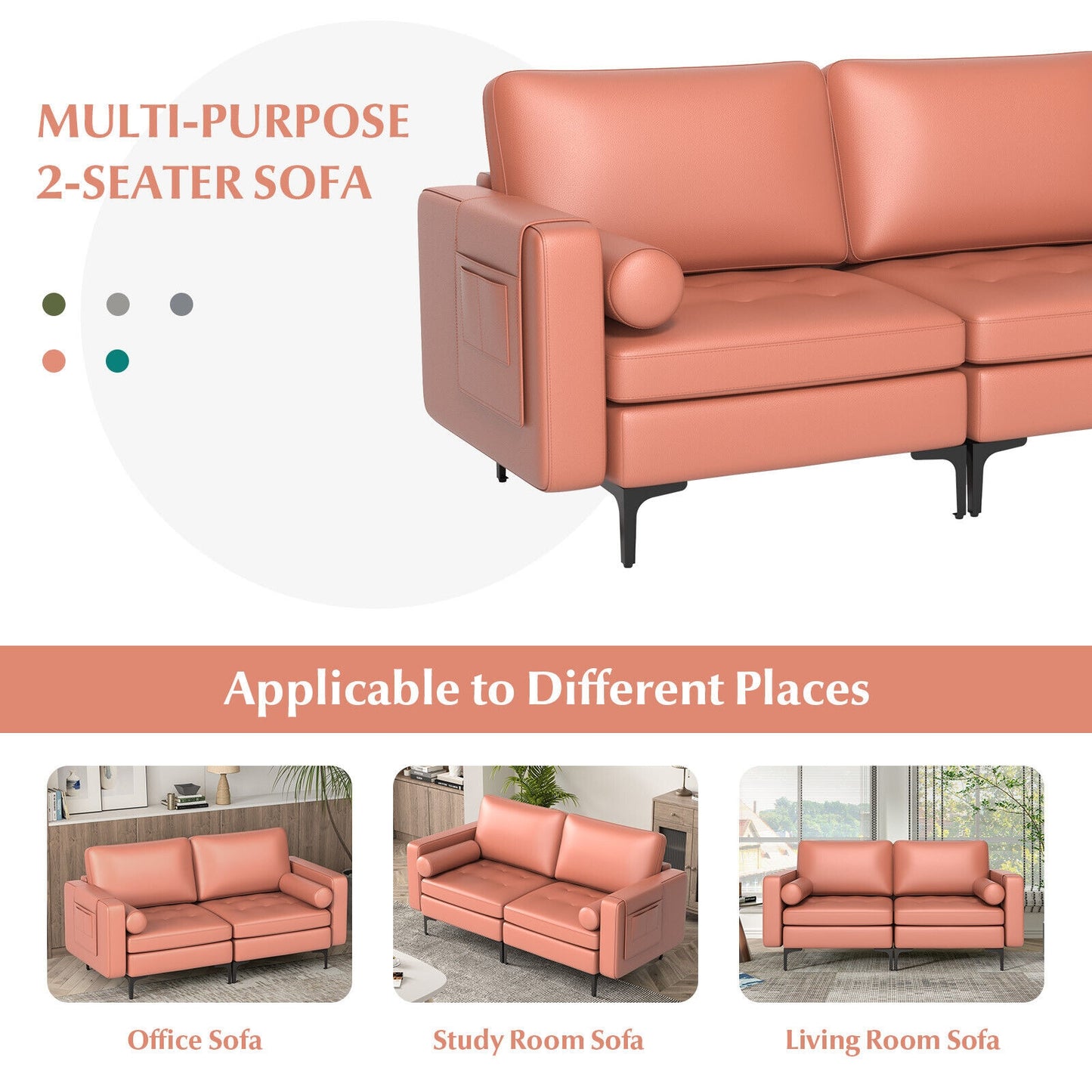 Modern 2-Seat Loveseat Sofa with Bolsters and Side Storage Pocket in Pink