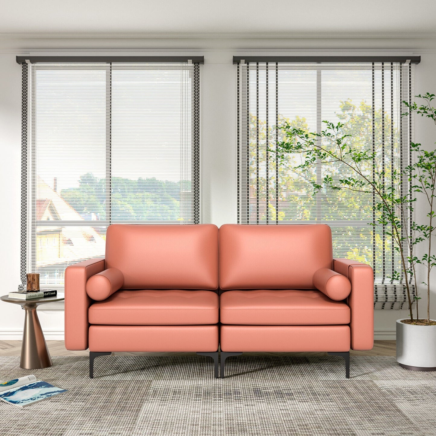 Modern 2-Seat Loveseat Sofa with Bolsters and Side Storage Pocket in Pink
