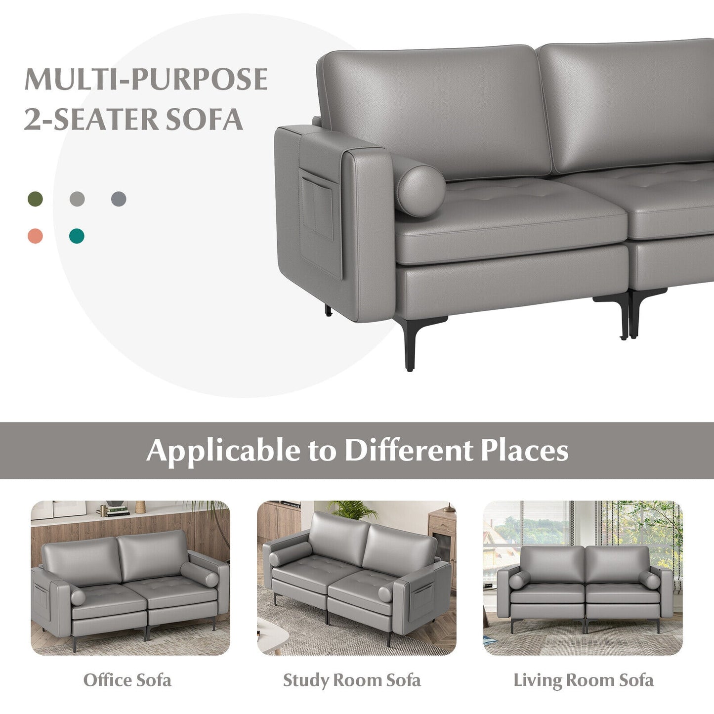 Modern 2-Seat Loveseat Sofa with Bolsters and Side Storage Pocket in Light Grey