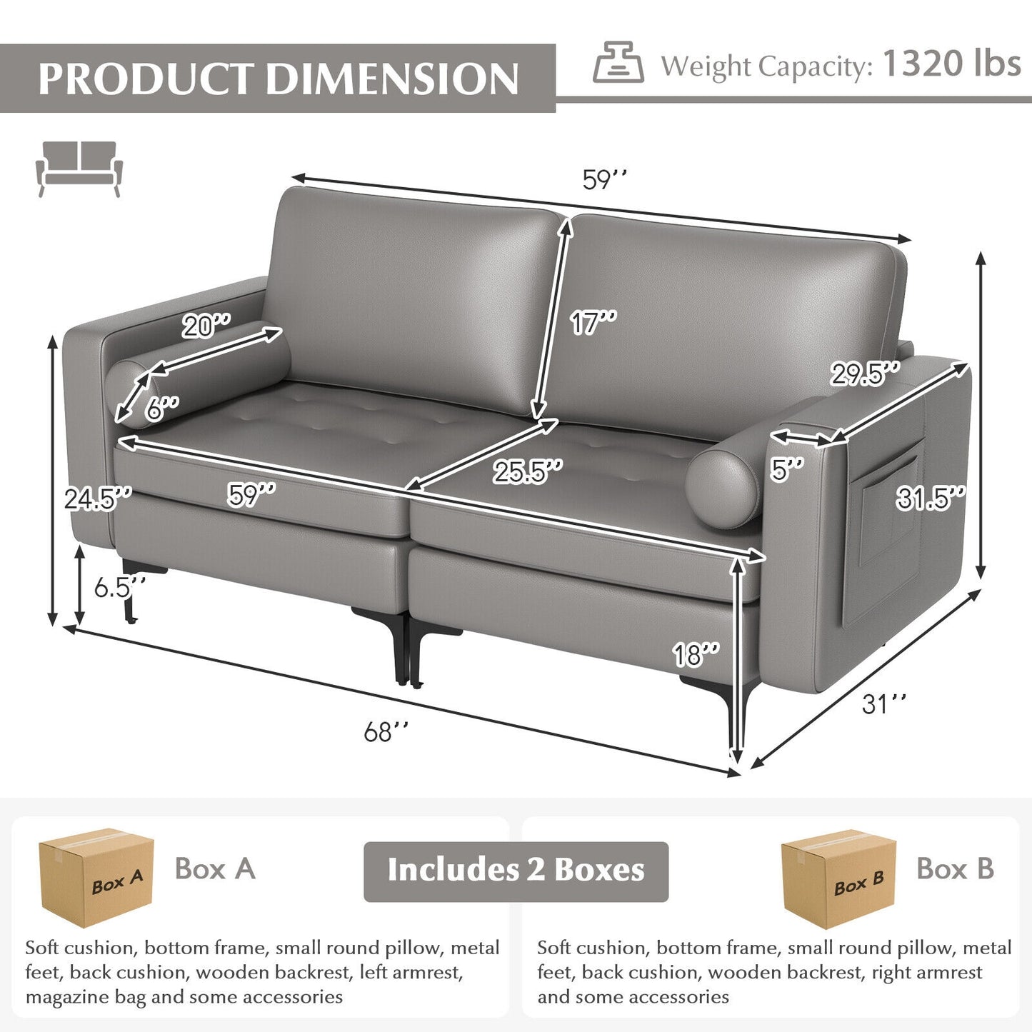 Modern 2-Seat Loveseat Sofa with Bolsters and Side Storage Pocket in Light Grey