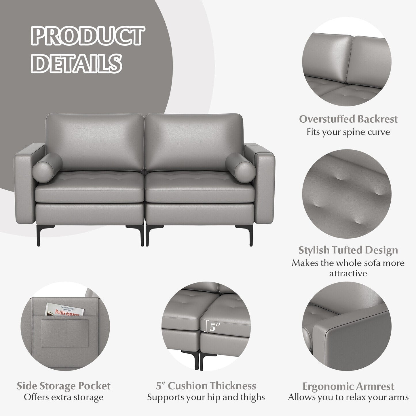 Modern 2-Seat Loveseat Sofa with Bolsters and Side Storage Pocket in Light Grey