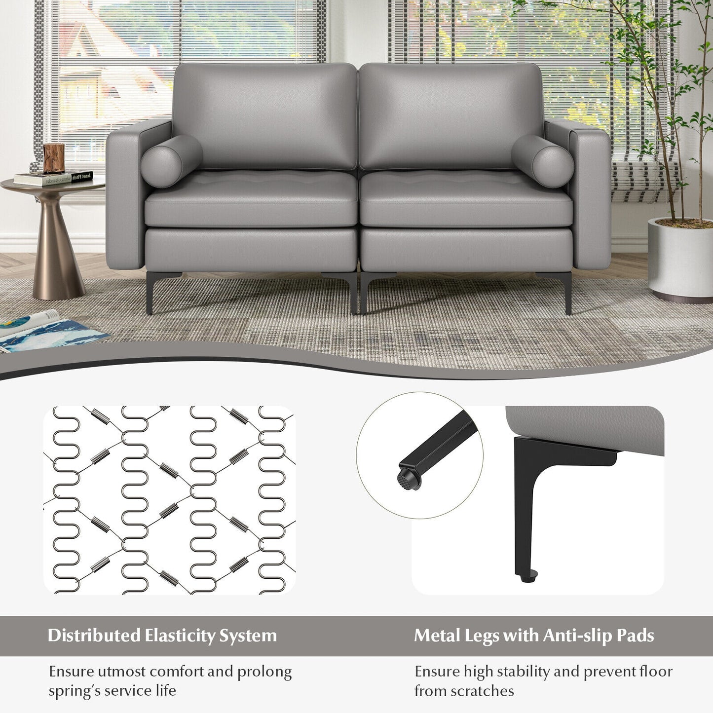 Modern 2-Seat Loveseat Sofa with Bolsters and Side Storage Pocket in Light Grey
