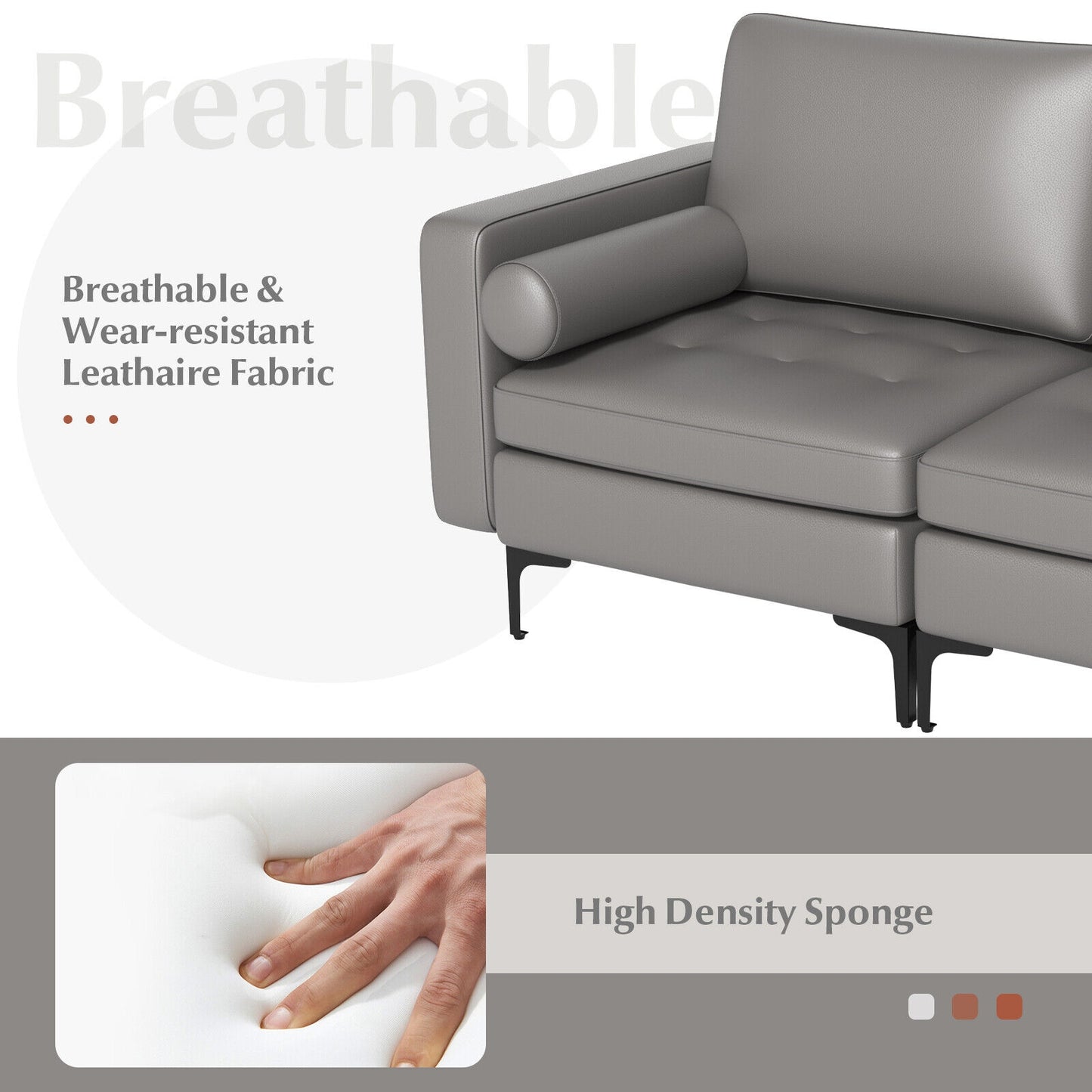 Modern 2-Seat Loveseat Sofa with Bolsters and Side Storage Pocket in Light Grey