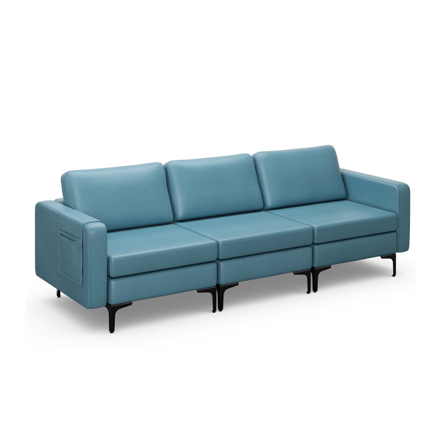 3 Seat Sofa Couch with Storage Armrest Pocket, Removable Cushions, and Metal Legs – Blue