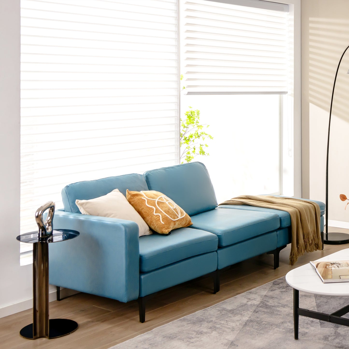 3 Seat Sofa Couch with Storage Armrest Pocket, Removable Cushions, and Metal Legs – Blue