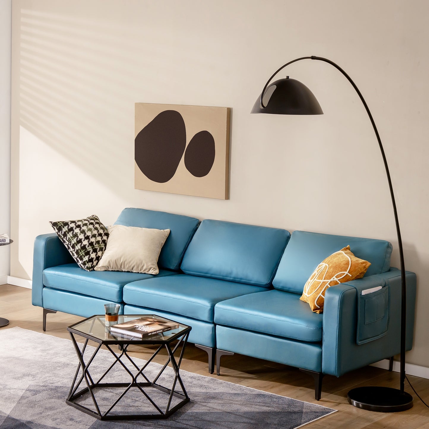 3 Seat Sofa Couch with Storage Armrest Pocket, Removable Cushions, and Metal Legs – Blue