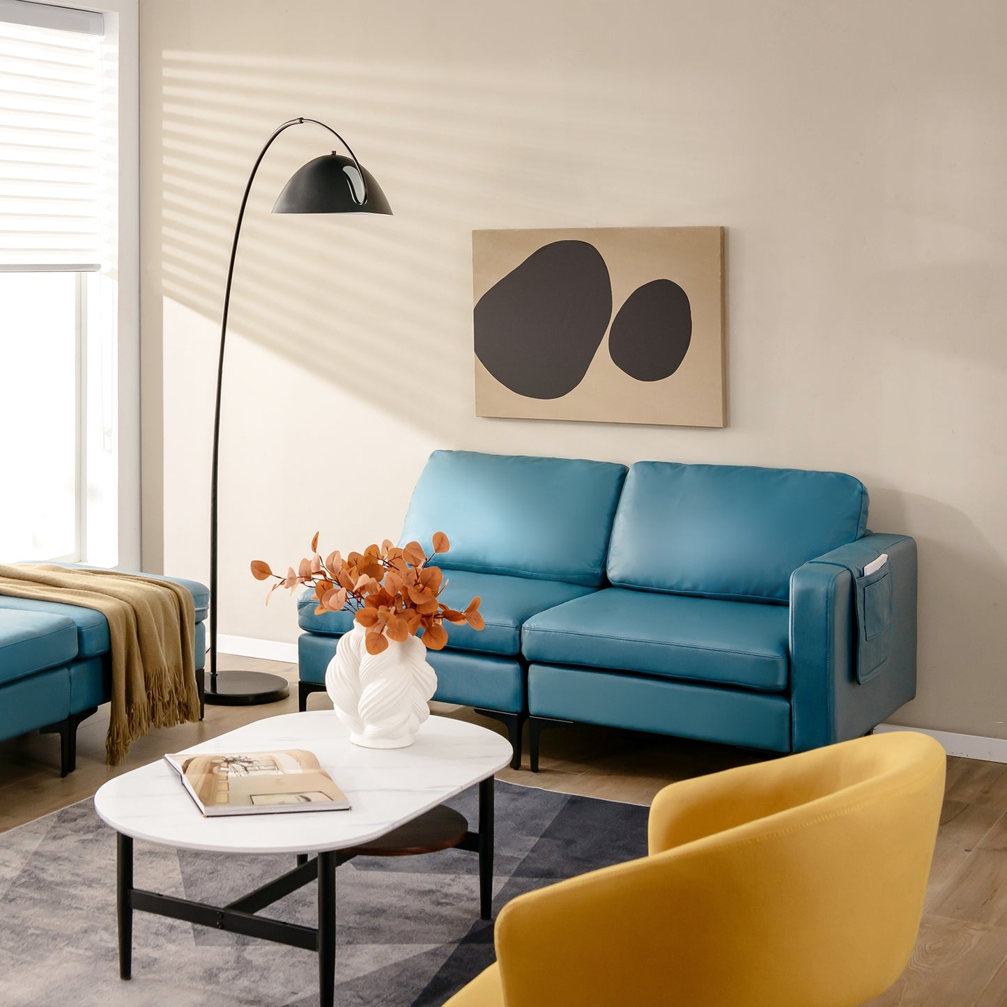 3 Seat Sofa Couch with Storage Armrest Pocket, Removable Cushions, and Metal Legs – Blue