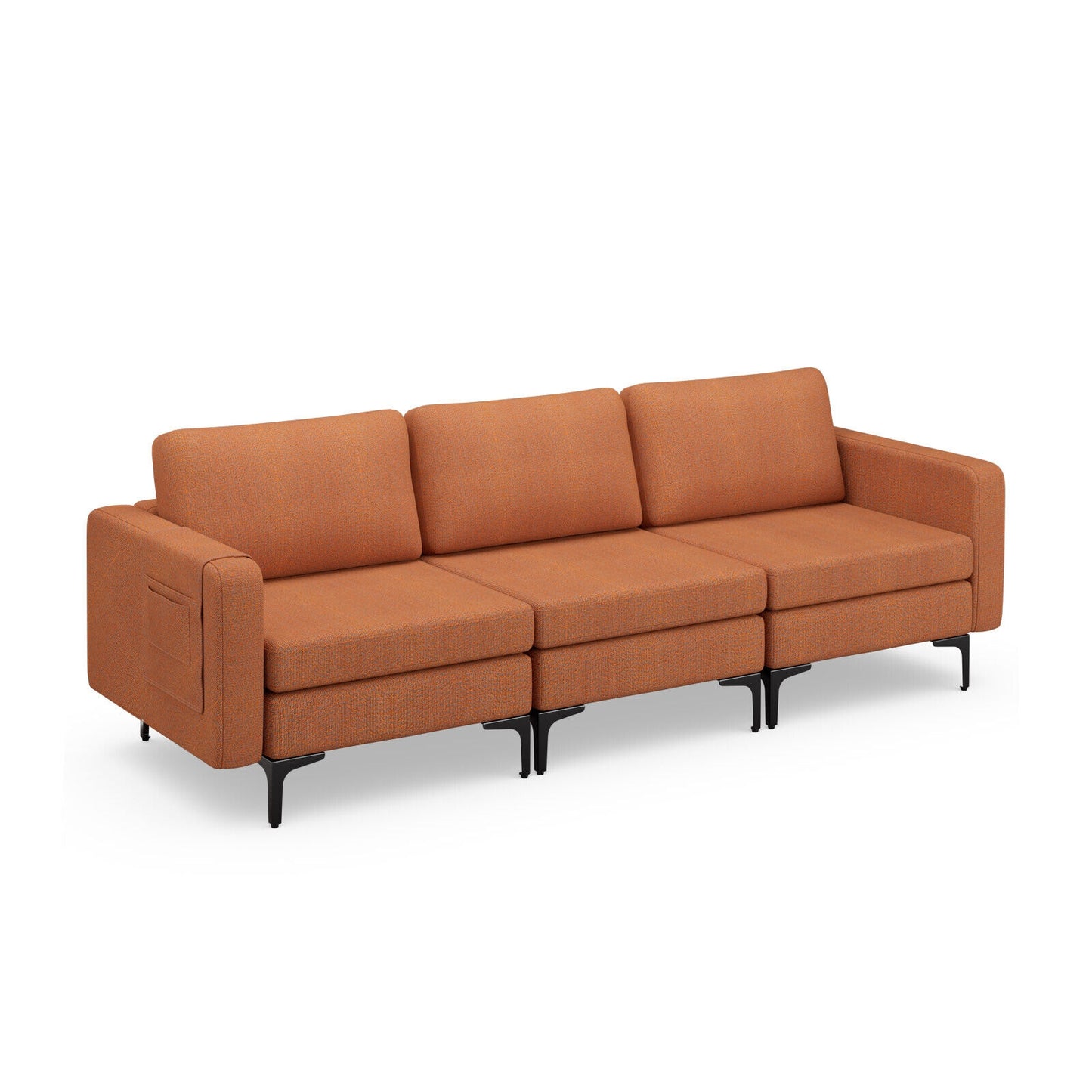 3 Seat Sofa Couch with Storage Armrest Pocket, Removable Cushions, and Metal Legs – Orange