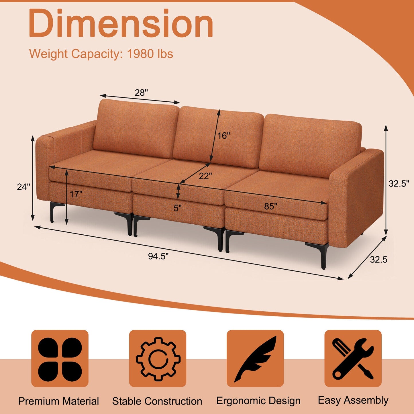 3 Seat Sofa Couch with Storage Armrest Pocket, Removable Cushions, and Metal Legs – Orange