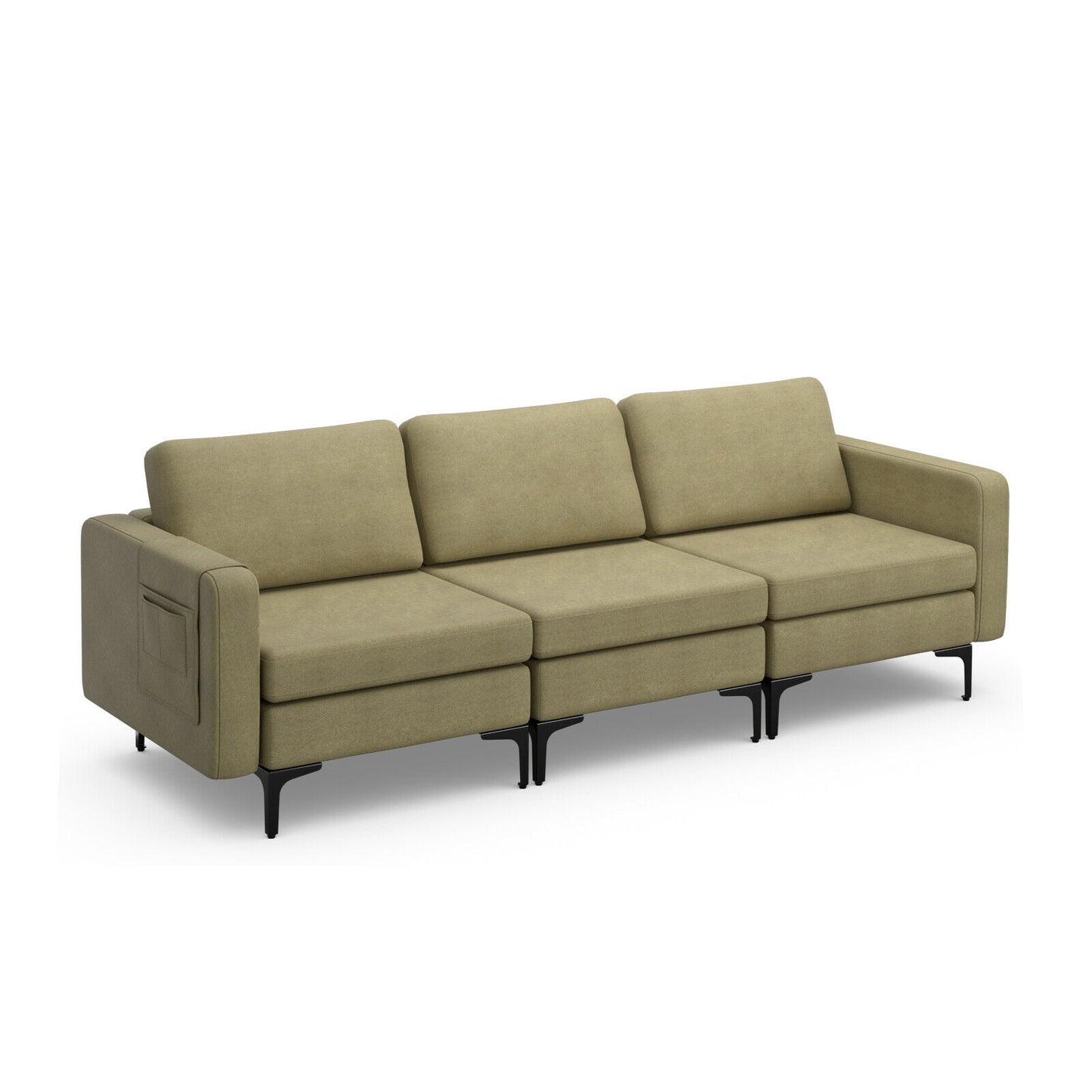 3 Seat Sofa Couch with Storage Armrest Pocket, Removable Cushions, and Metal Legs – Green