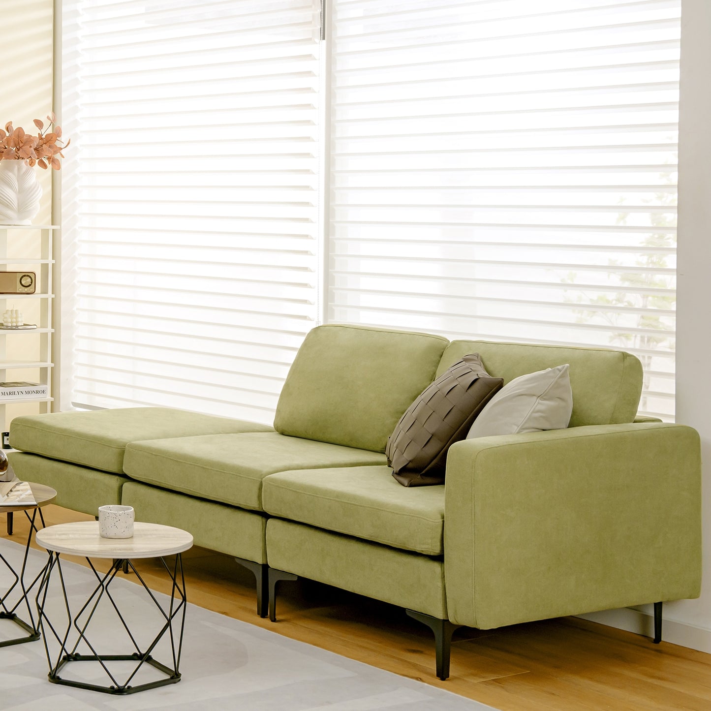 3 Seat Sofa Couch with Storage Armrest Pocket, Removable Cushions, and Metal Legs – Green