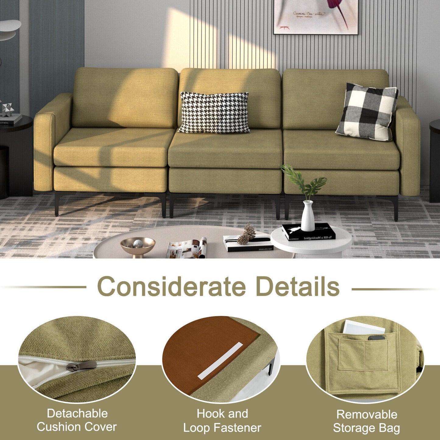 3 Seat Sofa Couch with Storage Armrest Pocket, Removable Cushions, and Metal Legs – Green